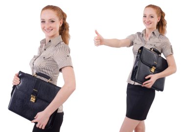 Genç ve güzel çalışan beyaz izole evrak çantası ile