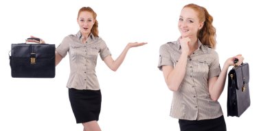 Genç ve güzel çalışan beyaz izole evrak çantası ile