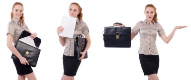 Genç ve güzel çalışan beyaz izole evrak çantası ile