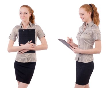 Genç ve güzel çalışan beyaz izole evrak çantası ile