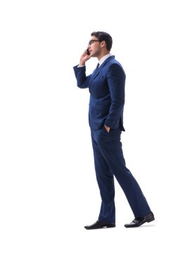 İşadamı yürüme ayakta yan görüntülemek izole üzerinde beyaz backgro