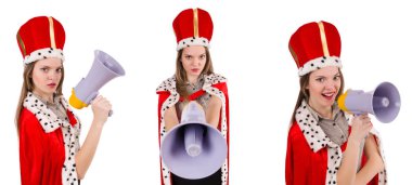 Komik bir hoparlörle konuşan kraliçe iş adamı