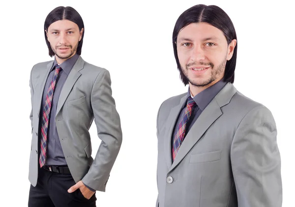 Joven hombre de negocios en traje gris aislado en blanco —  Fotos de Stock