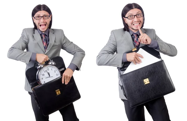 Young businessman in gray suit holding briefcase isolated on whi — Stock Photo, Image