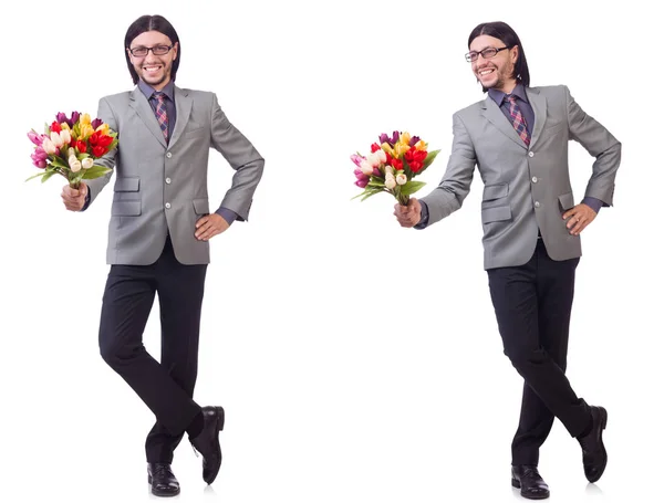 Homme aux fleurs isolées sur le blanc — Photo