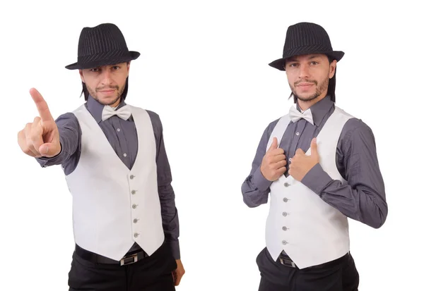 Mladý muž v šedivé košili a černým kloboukem izolovaných na bílém — Stock fotografie