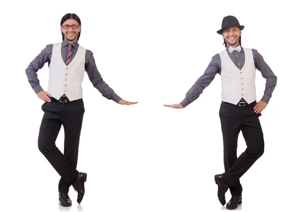 Hombre joven en camisa gris y sombrero negro aislado en blanco — Foto de Stock