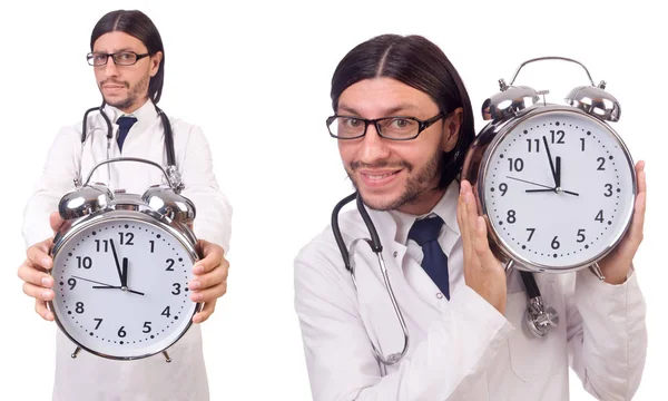 Saati olan doktor beyaza izole edilmiş. — Stok fotoğraf
