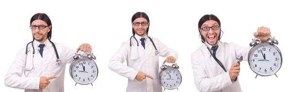 Man doctor with clock isolated on white — Stock Photo, Image