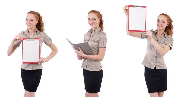 Hübsche junge Angestellte mit Papier isoliert auf weiß — Stockfoto