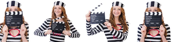 年轻的女犯人与电影局上白色孤立 — 图库照片