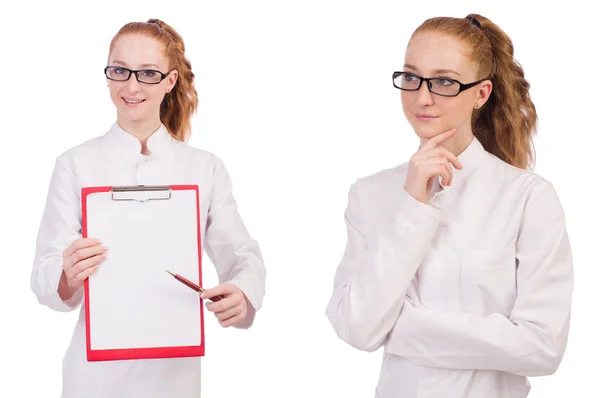 Junge Medizinstudentin mit Bindemittel isoliert auf weiß — Stockfoto