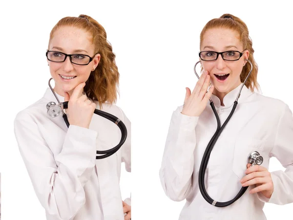 Linda doctora con estetoscopio aislado en blanco —  Fotos de Stock