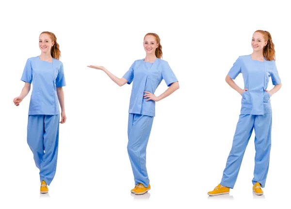 Красивый танцующий доктор в синей форме с изолированными документами — стоковое фото