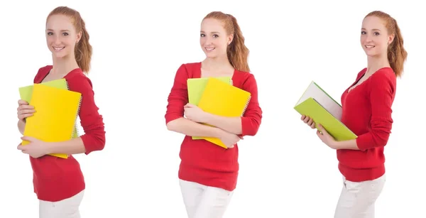 Joven estudiante con libros sobre blanco — Foto de Stock