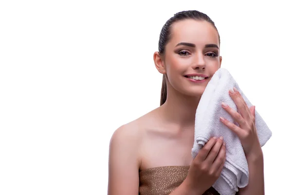 Mujer en concepto de belleza con toalla bañera de hidromasaje —  Fotos de Stock