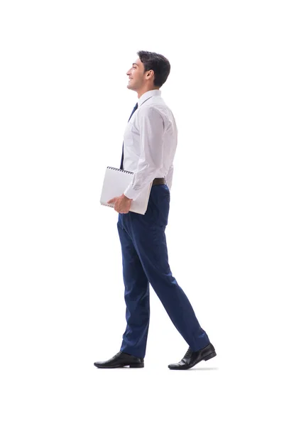 Empresário andando em pé vista lateral isolada no backgro branco — Fotografia de Stock