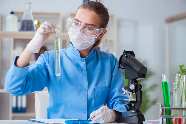 Kvinnlig forskare som utför ett experiment i ett laboratorium — Stockfoto