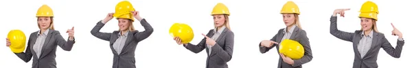 Businesswoman in gray suit and safety helmet isolated on white — Stock Photo, Image