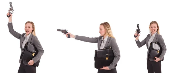Forretningskvinne med pistol isolert på hvit – stockfoto