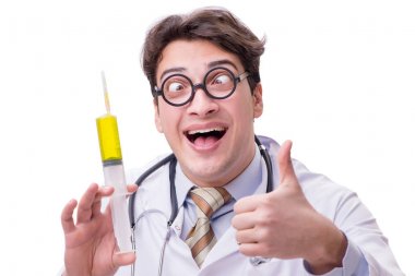 Beyaz şırıngalı komik doktor.