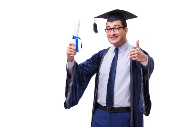 Mezun olan genç bir öğrenci beyazlar içinde.