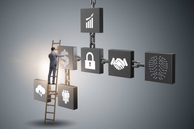 Engelleme zinciri kripto para birimi kavramında iş adamı