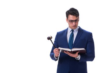 Beyaz arka planda tokmağı olan avukat hukuk öğrencisi.