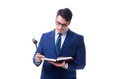 Beyaz arka planda tokmağı olan avukat hukuk öğrencisi.