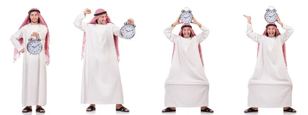 Uomo arabo nel concetto di tempo sul bianco — Foto Stock