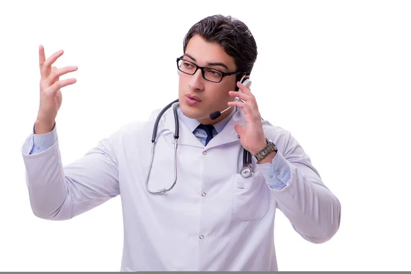 Young doctor with phone headset isolated on white — Stock Photo, Image