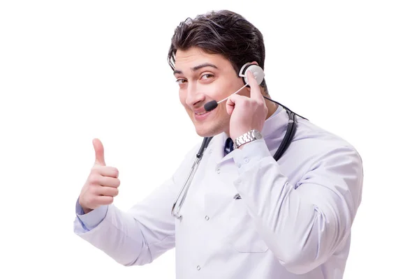 Young doctor with phone headset isolated on white — Stock Photo, Image