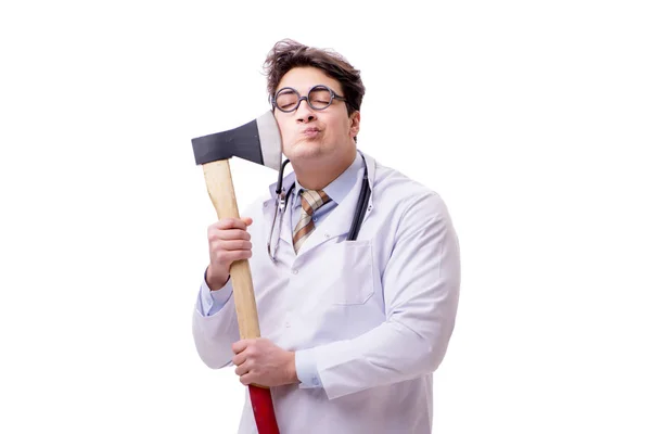 Vtipný lékař se sekerou izolované na bílém — Stock fotografie