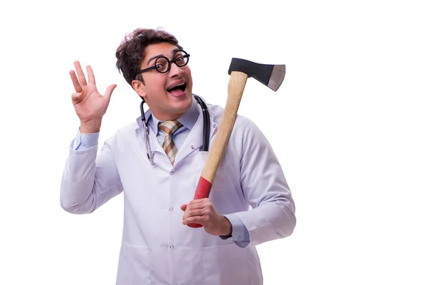 Grappige dokter met bijl geïsoleerd op wit — Stockfoto