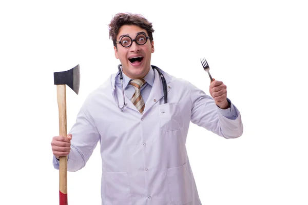 Grappige dokter met bijl geïsoleerd op wit — Stockfoto