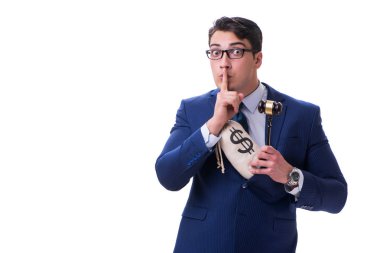 Beyaz izole avukat bir tokmak ve kötü bir paran para ile