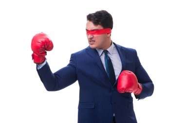 Avukat boks eldiven üzerinde beyaz izole göz bağı ile