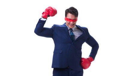 Avukat boks eldiven üzerinde beyaz izole göz bağı ile