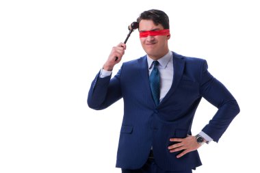 Avukat beyaz izole bir tokmak holding göz bağı ile