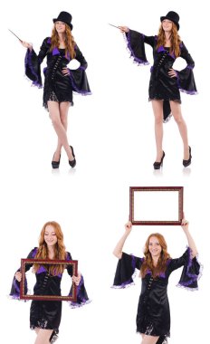 Güzel kız mor karnaval giyim ve üzerinde beyaz izole şapka