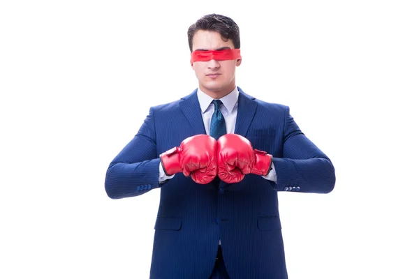 Abogado con los ojos vendados usando guantes de boxeo aislados en blanco —  Fotos de Stock