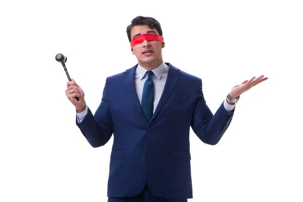 Advocaat met blinddoek houdt een hamer geïsoleerd op wit — Stockfoto