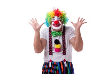 Beyaz arka planda aptalca davranan komik palyaço.