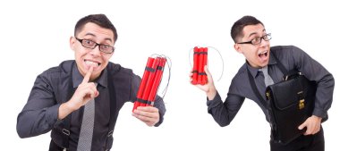 Dinamiti olan bir iş adamı beyazda izole edilmiş.