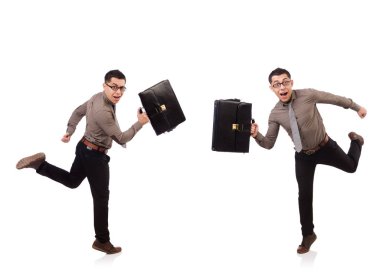 Genç adam beyaz izole evrak çantası elinde