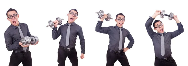 Смішний бізнесмен з гантелями ізольовані на білому — стокове фото