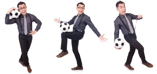 Grappige mens met voetbal geïsoleerd op wit — Stockfoto