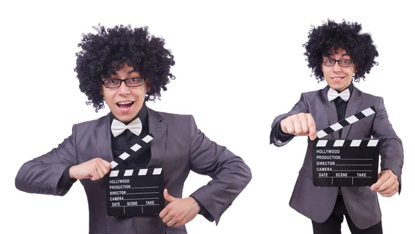 Homme avec film clapper isolé sur blanc — Photo