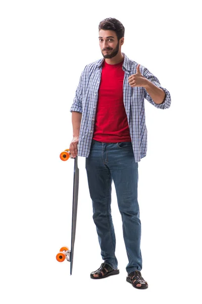 Young skateboarder with a longboard skateboard isolated on white — Stock Photo, Image