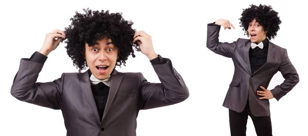 Young man with curly african wig isolated on white — Stock Photo, Image